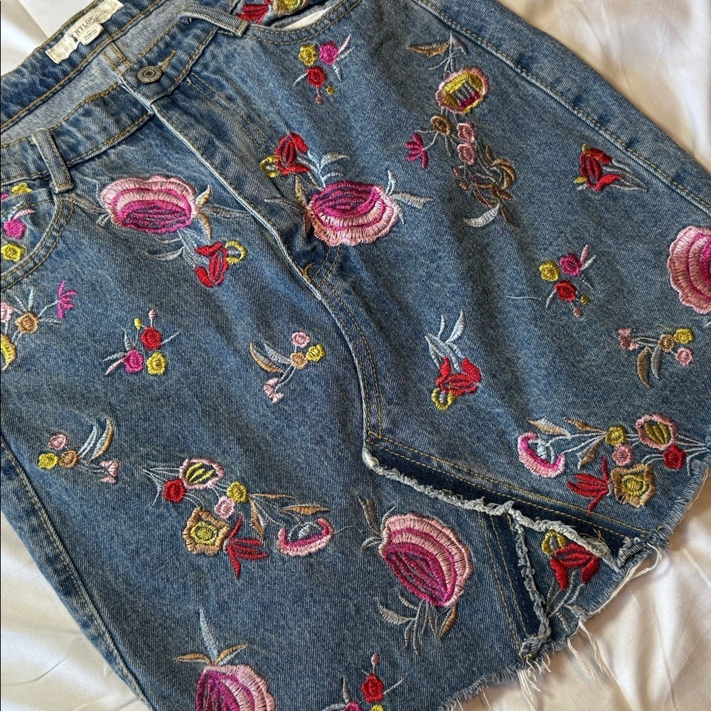 Embroidered Floral Denim Skirt - Blue with Pink Accents - Picture 3 of 4